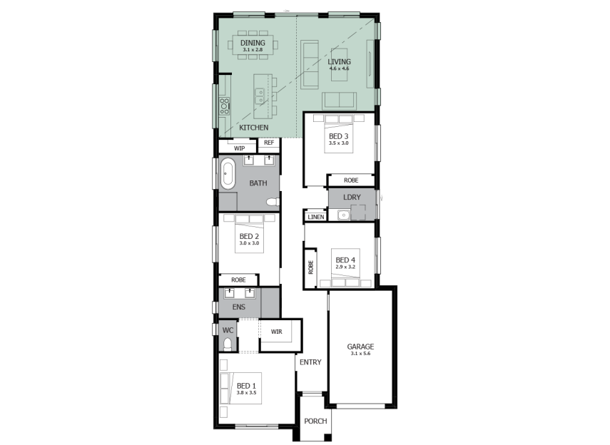 Alpha 18- Option 2A- Cathedral ceiling to Living/Kitchen/Dining-RHS